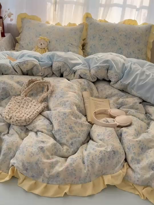 91家纺网 家纺一手货源 找家纺 顾里家纺 2025新款韩系花边皱皱纱四件套 栀夏