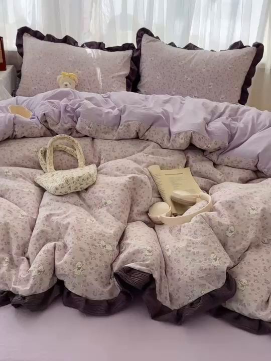 91家纺网 家纺一手货源 找家纺 顾里家纺 2025新款韩系花边皱皱纱四件套 紫樱兔