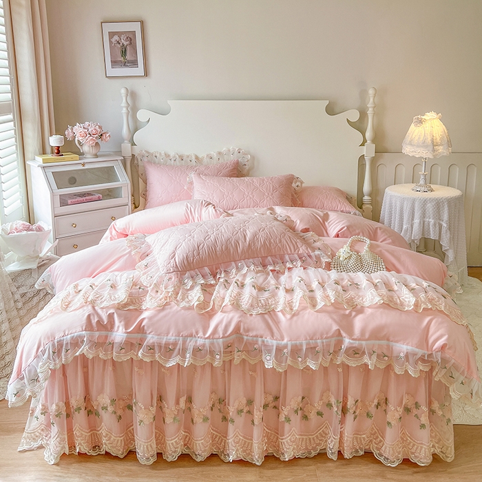 网红馆 2025新款蕾丝花边全棉床裙四件套晨暮花间系列 粉色