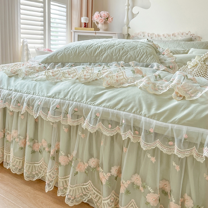 91家纺网 家纺一手货源 找家纺 网红馆 2025新款蕾丝花边全棉床裙四件套晨暮花间系列 麦绿