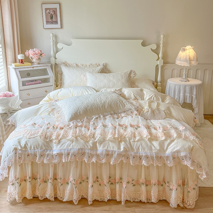 网红馆 2025新款蕾丝花边全棉床裙四件套晨暮花间系列 米色