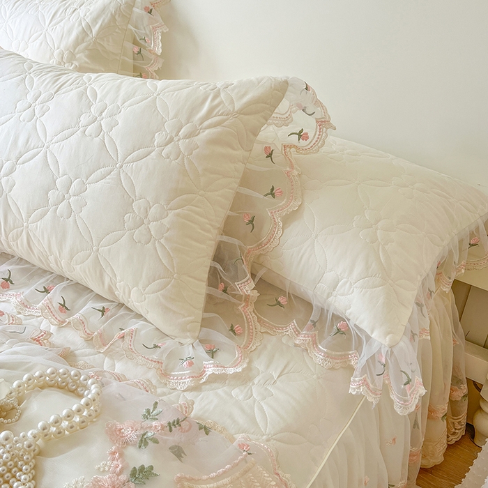 91家纺网 家纺一手货源 找家纺 网红馆 2025新款蕾丝花边全棉床裙四件套晨暮花间系列 米色