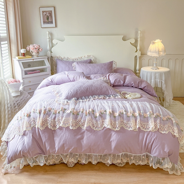 91家纺网 家纺一手货源 找家纺 网红馆 2025新款蕾丝花边全棉床裙四件套晨暮花间系列 浅紫