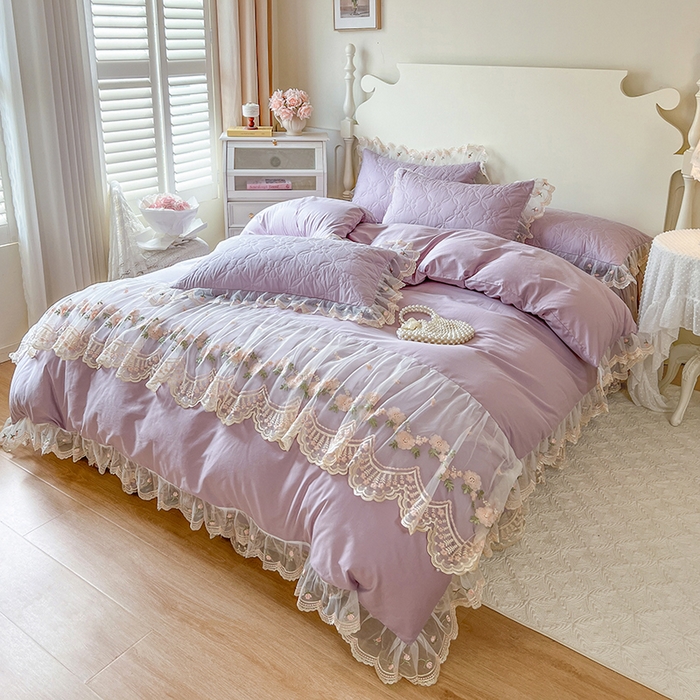 91家纺网 家纺一手货源 找家纺 网红馆 2025新款蕾丝花边全棉床裙四件套晨暮花间系列 浅紫