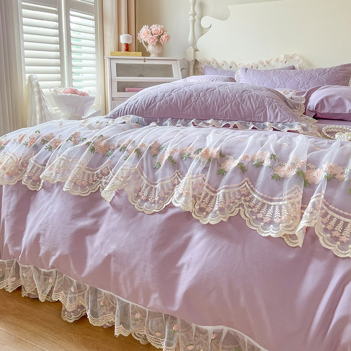 91家纺网 家纺一手货源 找家纺 网红馆 2025新款蕾丝花边全棉床裙四件套晨暮花间系列 浅紫