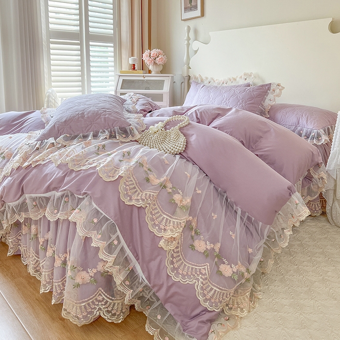 91家纺网 家纺一手货源 找家纺 网红馆 2025新款蕾丝花边全棉床裙四件套晨暮花间系列 浅紫