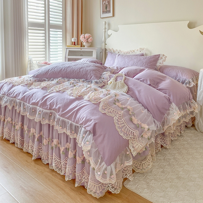 91家纺网 家纺一手货源 找家纺 网红馆 2025新款蕾丝花边全棉床裙四件套晨暮花间系列 浅紫