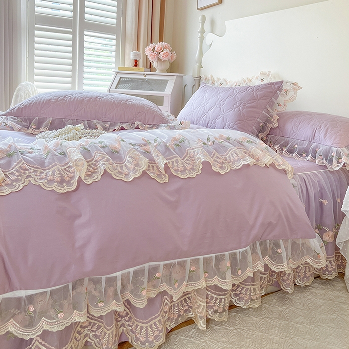 91家纺网 家纺一手货源 找家纺 网红馆 2025新款蕾丝花边全棉床裙四件套晨暮花间系列 浅紫