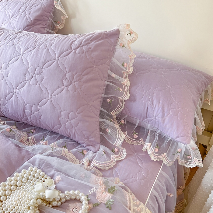 91家纺网 家纺一手货源 找家纺 网红馆 2025新款蕾丝花边全棉床裙四件套晨暮花间系列 浅紫