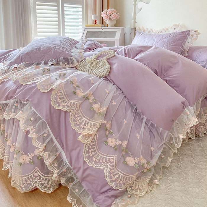 91家纺网 家纺一手货源 找家纺 网红馆 2025新款蕾丝花边全棉床裙四件套晨暮花间系列 浅紫