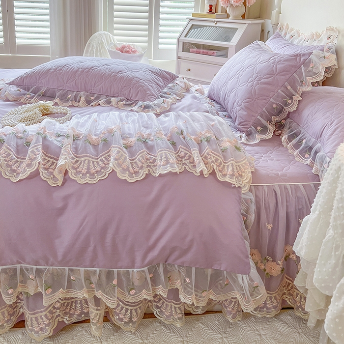 91家纺网 家纺一手货源 找家纺 网红馆 2025新款蕾丝花边全棉床裙四件套晨暮花间系列 浅紫