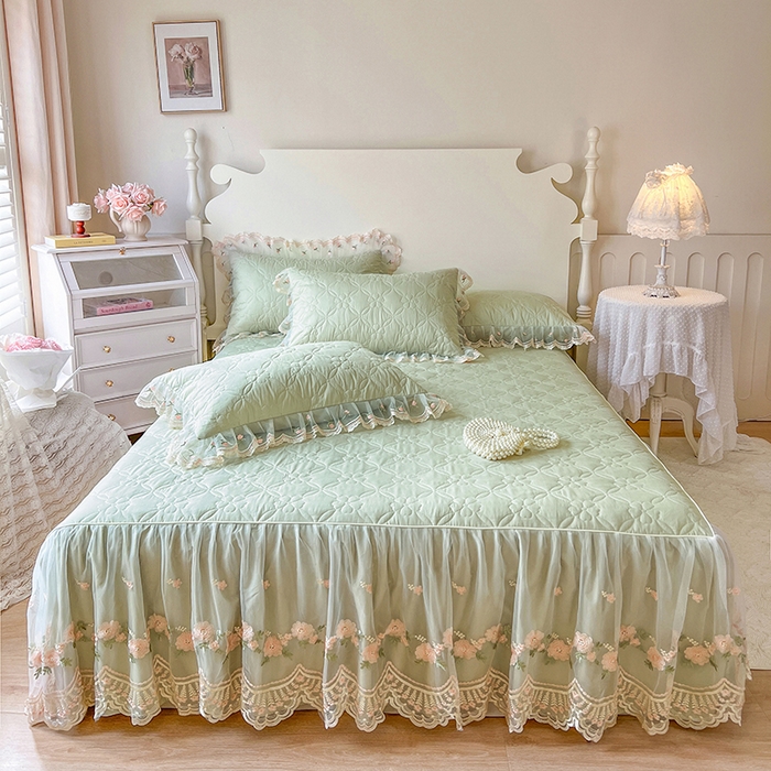 91家纺网 家纺一手货源 找家纺 网红馆 2025新款蕾丝花边全棉床裙晨暮花间系列 麦绿