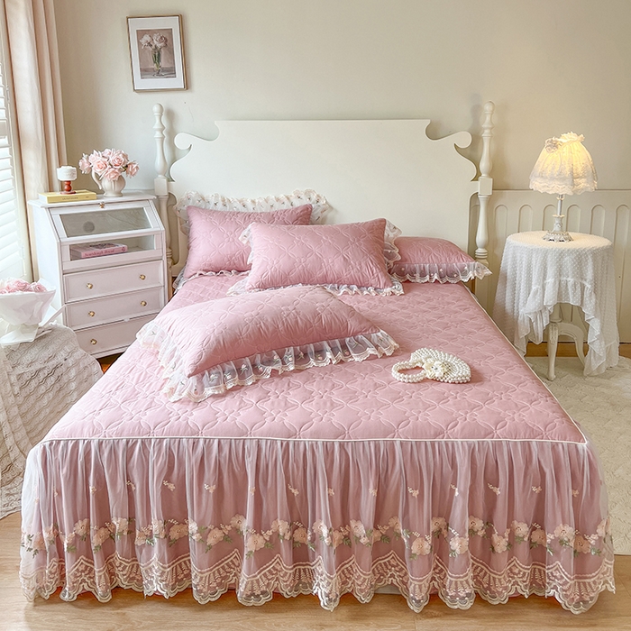 网红馆 2025新款蕾丝花边全棉床裙晨暮花间系列 绯红