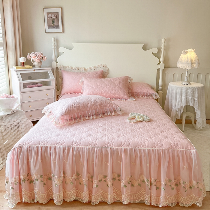 网红馆 2025新款蕾丝花边全棉床裙晨暮花间系列 粉色