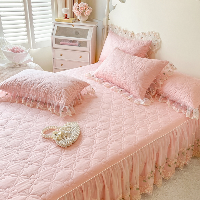 91家纺网 家纺一手货源 找家纺 网红馆 2025新款蕾丝花边全棉床裙晨暮花间系列 粉色