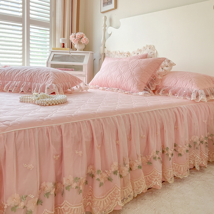 91家纺网 家纺一手货源 找家纺 网红馆 2025新款蕾丝花边全棉床裙晨暮花间系列 粉色