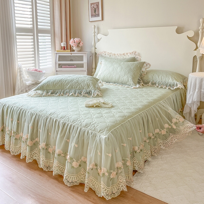 91家纺网 家纺一手货源 找家纺 网红馆 2025新款蕾丝花边全棉床裙晨暮花间系列 麦绿