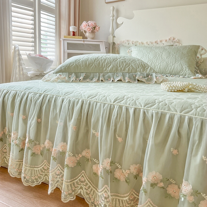 91家纺网 家纺一手货源 找家纺 网红馆 2025新款蕾丝花边全棉床裙晨暮花间系列 麦绿