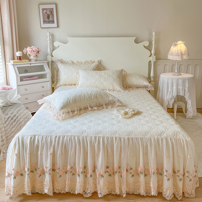 网红馆 2025新款蕾丝花边全棉床裙晨暮花间系列 米色