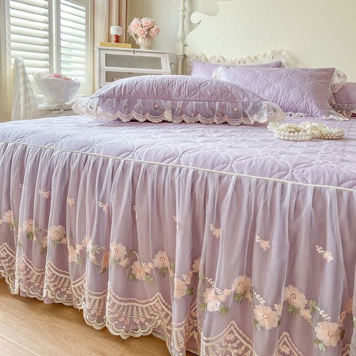 91家纺网 家纺一手货源 找家纺 网红馆 2025新款蕾丝花边全棉床裙晨暮花间系列 浅紫