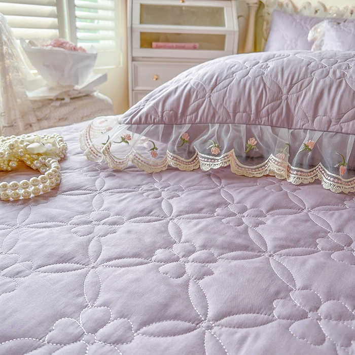 91家纺网 家纺一手货源 找家纺 网红馆 2025新款蕾丝花边全棉床裙晨暮花间系列 浅紫