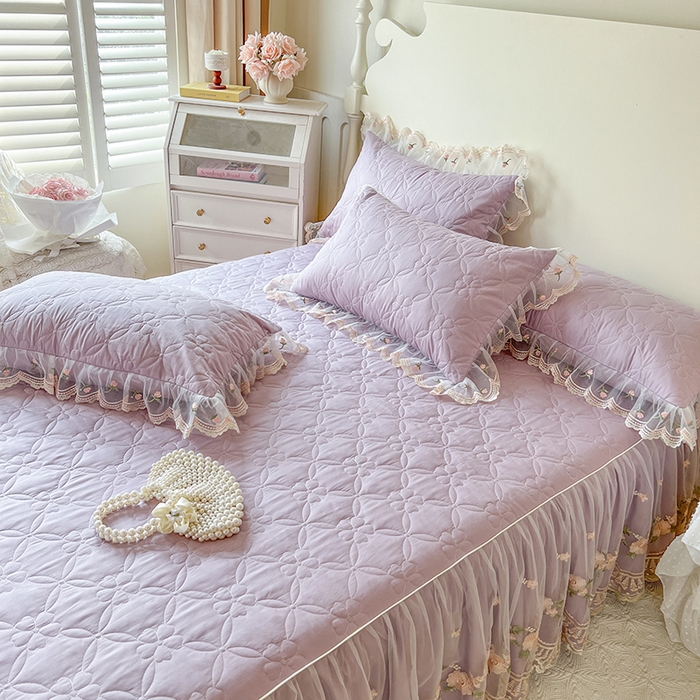 91家纺网 家纺一手货源 找家纺 网红馆 2025新款蕾丝花边全棉床裙晨暮花间系列 浅紫