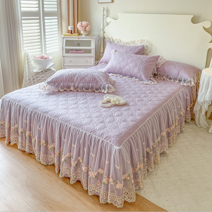 91家纺网 家纺一手货源 找家纺 网红馆 2025新款蕾丝花边全棉床裙晨暮花间系列 浅紫