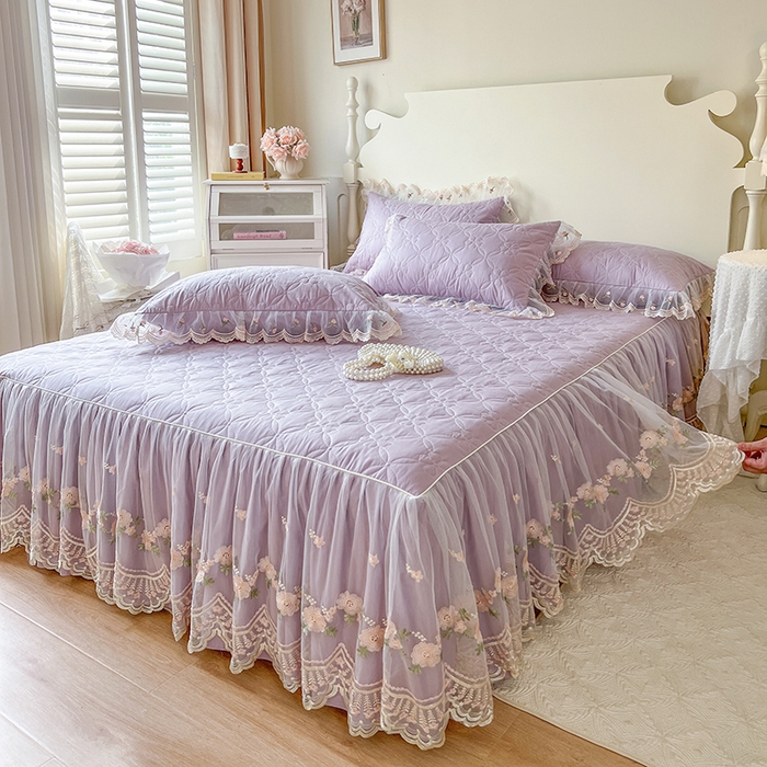 91家纺网 家纺一手货源 找家纺 网红馆 2025新款蕾丝花边全棉床裙晨暮花间系列 浅紫