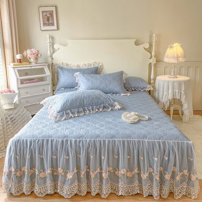 网红馆 2025新款蕾丝花边全棉床裙晨暮花间系列 雾蓝