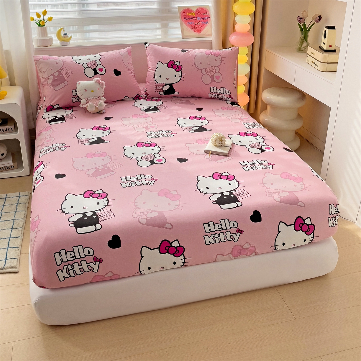 91家纺网 家纺一手货源 找家纺 名兮家居 2025新款全棉纯棉13372经典奥特曼-三丽鸥成人床床笠单件单床笠【含防伪标】 爱心kt