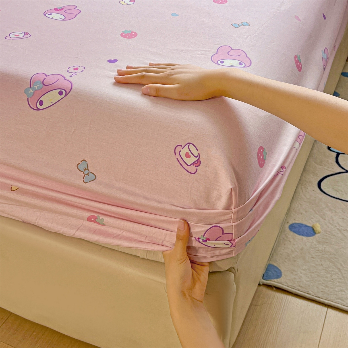 91家纺网 家纺一手货源 找家纺 名兮家居 2025新款全棉纯棉13372经典奥特曼-三丽鸥成人床床笠单件单床笠【含防伪标】 俏皮美乐蒂