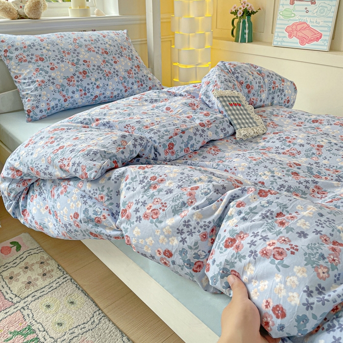 91家纺网 家纺一手货源 找家纺 2025直播云感学生宿舍床四件套水洗棉简约风小碎花被套床笠三四件套—单被套 幽兰