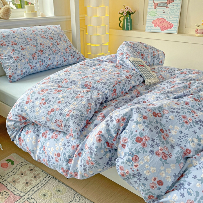 91家纺网 家纺一手货源 找家纺 2025直播云感学生宿舍床四件套水洗棉简约风小碎花被套床笠三四件套—单被套 幽兰