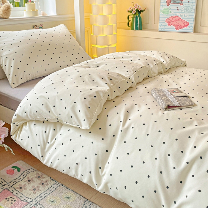 91家纺网 家纺一手货源 找家纺 2025直播云感学生宿舍床四件套水洗棉简约风小碎花被套床笠三四件套—单被套 白波点