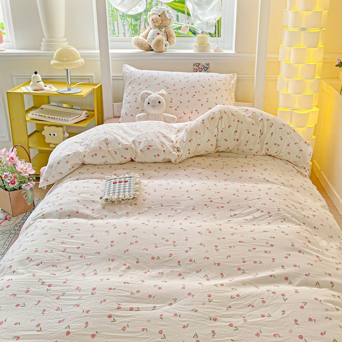 91家纺网 家纺一手货源 找家纺 2025直播云感学生宿舍床四件套水洗棉简约风小碎花被套床笠三四件套—单被套 花语