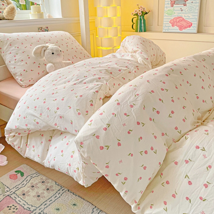 91家纺网 家纺一手货源 找家纺 2025直播云感学生宿舍床四件套水洗棉简约风小碎花被套床笠三四件套—单被套 花语