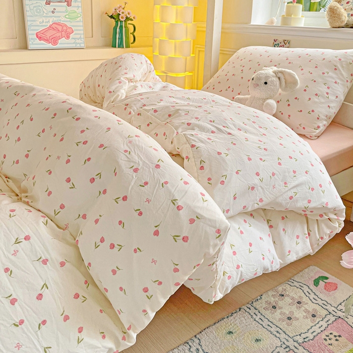 91家纺网 家纺一手货源 找家纺 2025直播云感学生宿舍床四件套水洗棉简约风小碎花被套床笠三四件套—单被套 花语