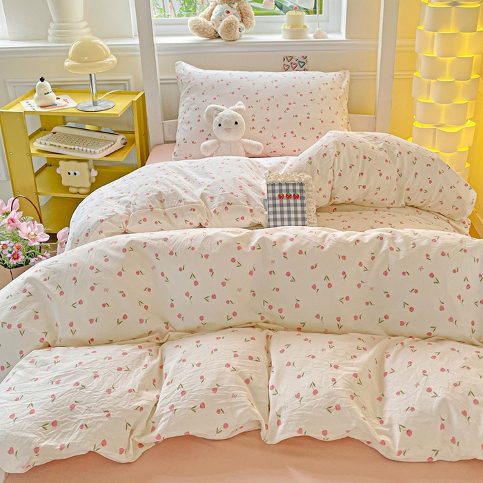 91家纺网 家纺一手货源 找家纺 2025直播云感学生宿舍床四件套水洗棉简约风小碎花被套床笠三四件套—单被套 花语