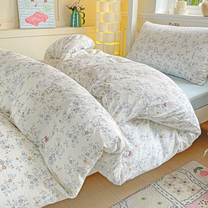 91家纺网 家纺一手货源 找家纺 2025直播云感学生宿舍床四件套水洗棉简约风小碎花被套床笠三四件套—单被套 秘境兔