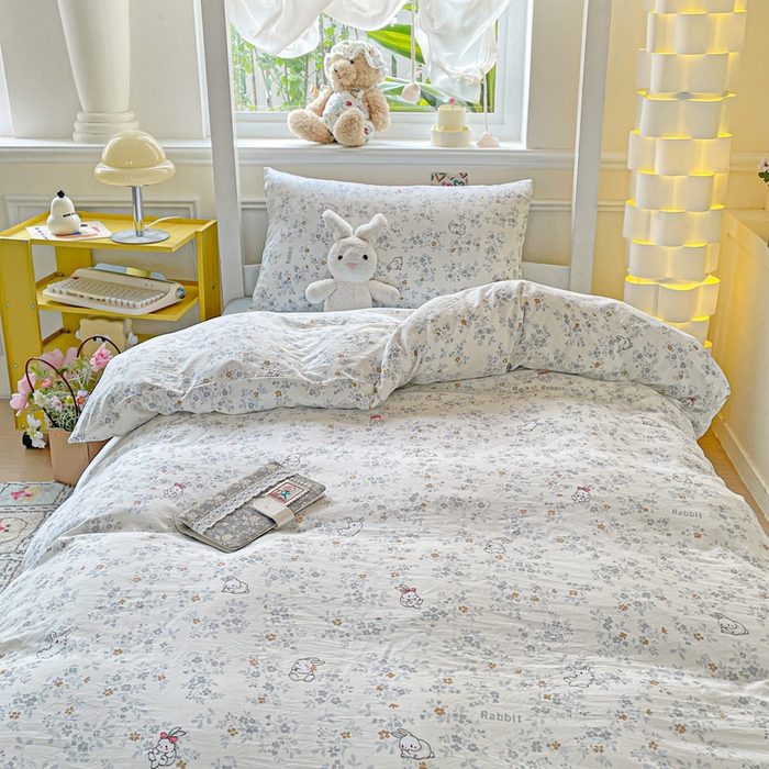 91家纺网 家纺一手货源 找家纺 2025直播云感学生宿舍床四件套水洗棉简约风小碎花被套床笠三四件套—单被套 秘境兔