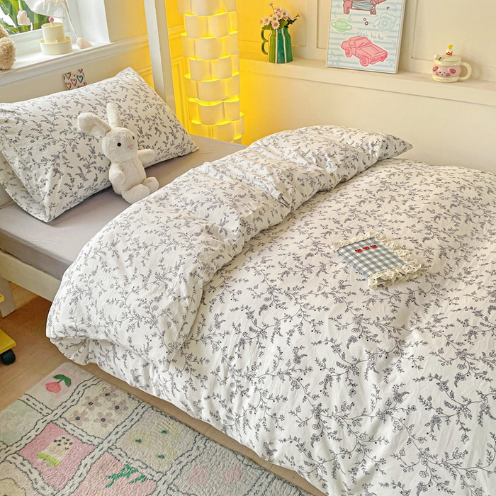 91家纺网 家纺一手货源 找家纺 2025直播云感学生宿舍床四件套水洗棉简约风小碎花被套床笠三四件套—单被套 枝叶