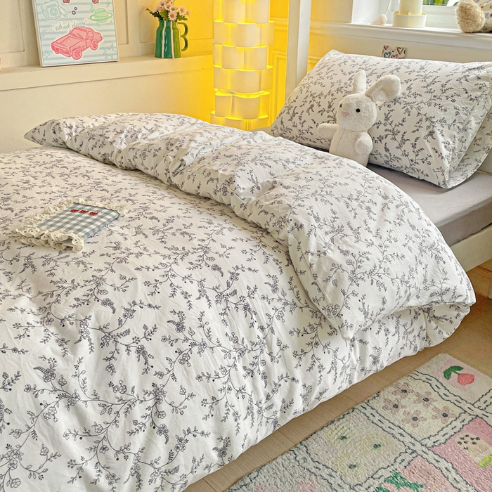 91家纺网 家纺一手货源 找家纺 2025直播云感学生宿舍床四件套水洗棉简约风小碎花被套床笠三四件套—单被套 枝叶