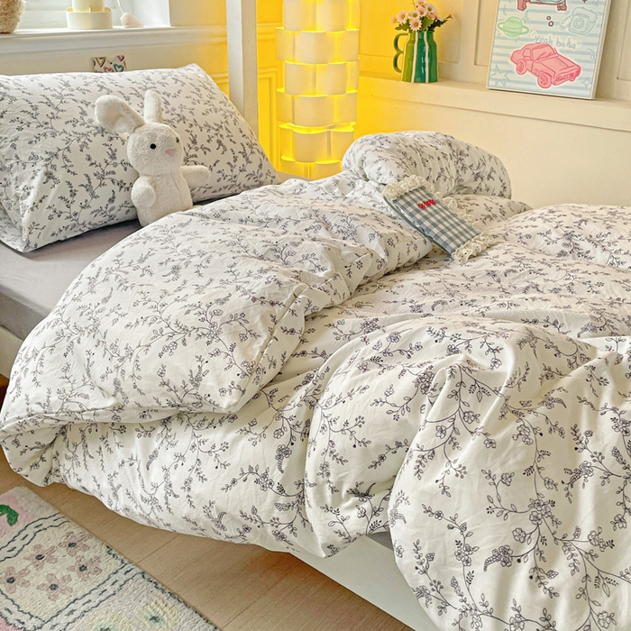 91家纺网 家纺一手货源 找家纺 2025直播云感学生宿舍床四件套水洗棉简约风小碎花被套床笠三四件套—单被套 枝叶