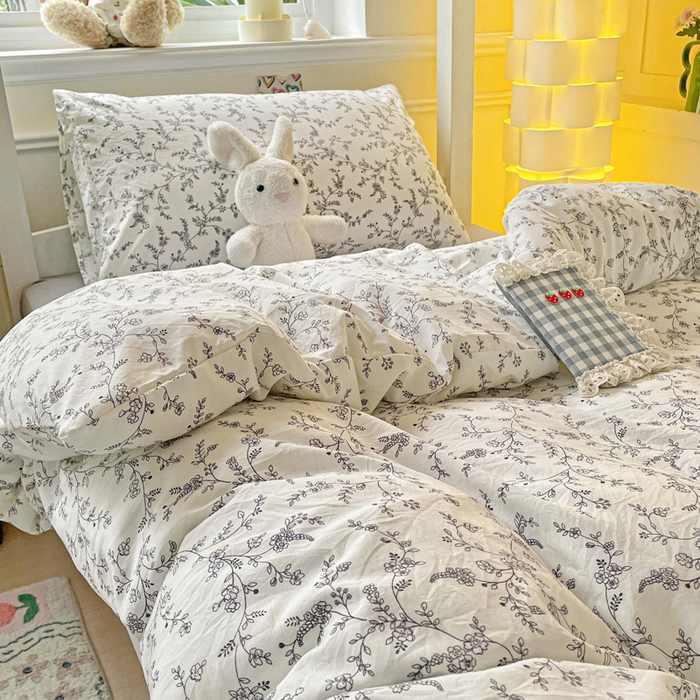 91家纺网 家纺一手货源 找家纺 2025直播云感学生宿舍床四件套水洗棉简约风小碎花被套床笠三四件套—单被套 枝叶