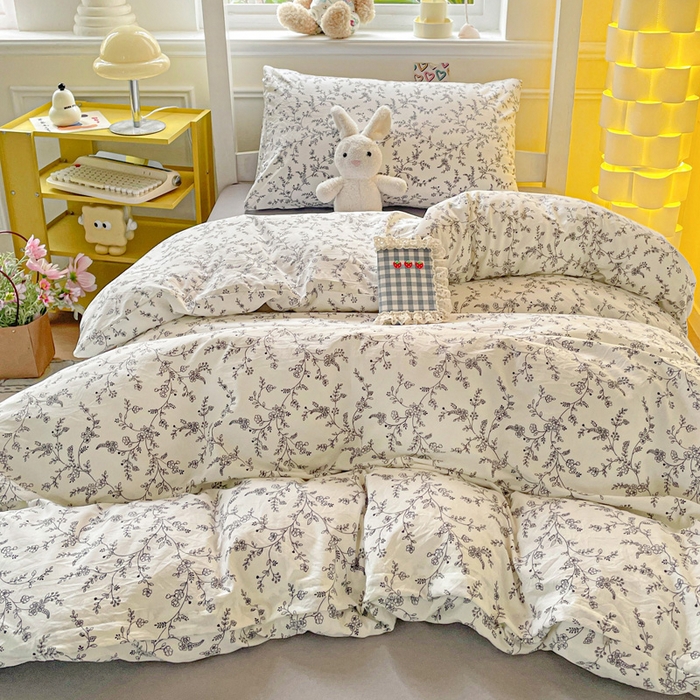 91家纺网 家纺一手货源 找家纺 2025直播云感学生宿舍床四件套水洗棉简约风小碎花被套床笠三四件套—单被套 枝叶