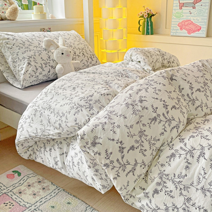 91家纺网 家纺一手货源 找家纺 2025直播云感学生宿舍床四件套水洗棉简约风小碎花被套床笠三四件套—单被套 枝叶