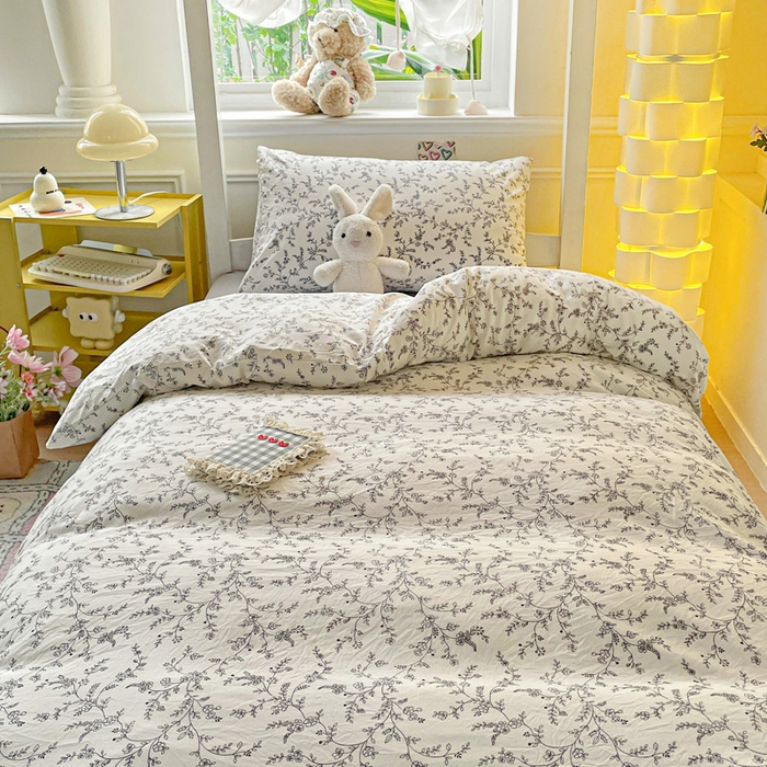 91家纺网 家纺一手货源 找家纺 2025直播云感学生宿舍床四件套水洗棉简约风小碎花被套床笠三四件套—单被套 枝叶