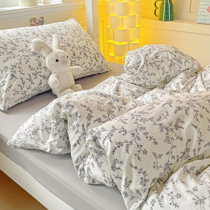 91家纺网 家纺一手货源 找家纺 2025直播云感学生宿舍床四件套水洗棉简约风小碎花被套床笠三四件套—单被套 枝叶