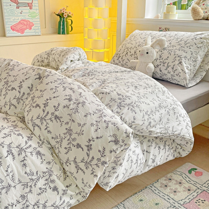 91家纺网 家纺一手货源 找家纺 2025直播云感学生宿舍床四件套水洗棉简约风小碎花被套床笠三四件套—单被套 枝叶