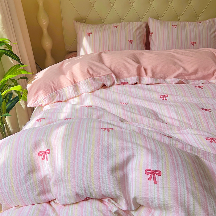 91家纺网 家纺一手货源 找家纺 森璐家纺 2025新款针织双层纱四件套-系列二 精致蝴蝶结